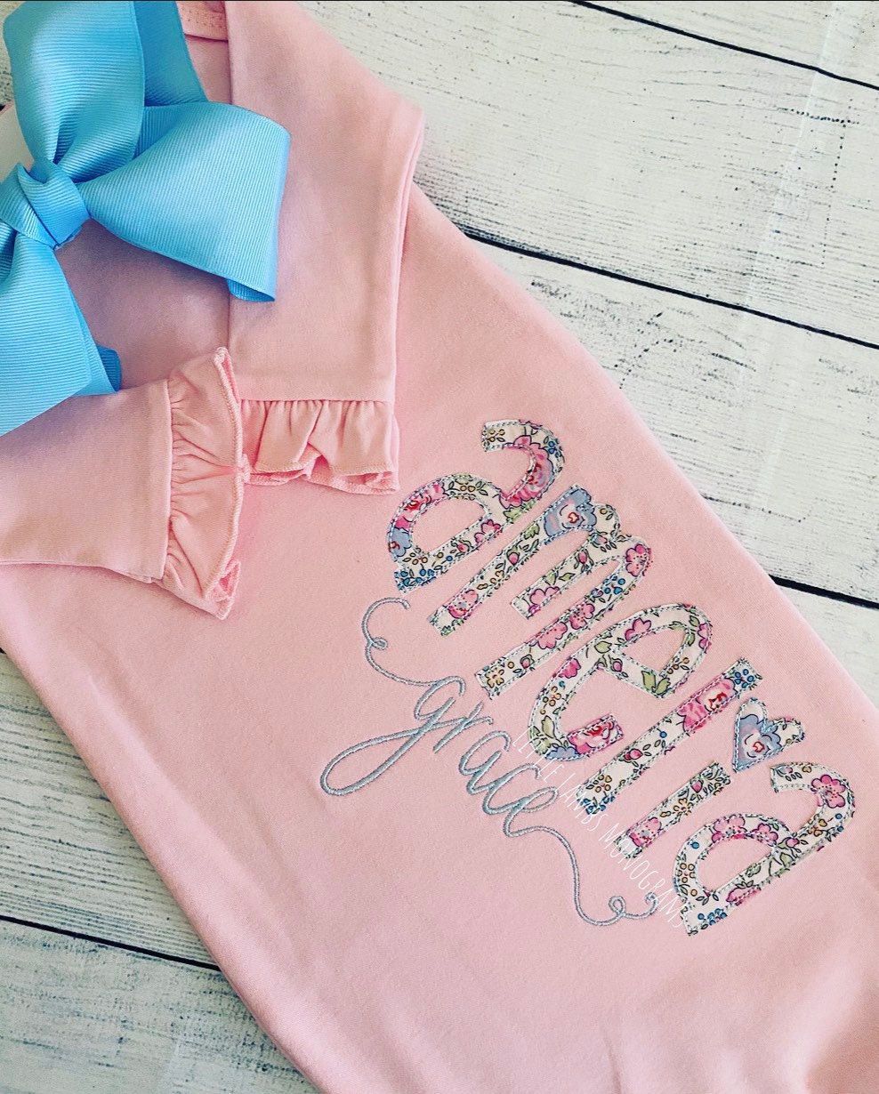 Pink Ruffled Sleeve Baby Name Gown. Girls Newborn Gown. Girls Etsy