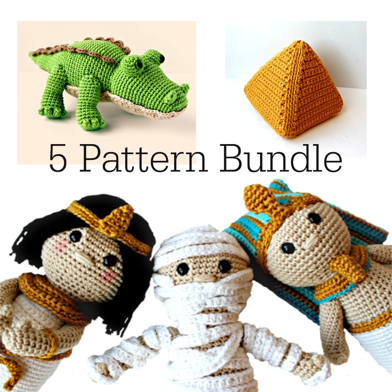 May include: A crochet pattern bundle featuring five amigurumi designs: a green crocodile, a yellow pyramid, a mummy, a pharaoh, and a queen. The bundle includes instructions for crocheting each character.