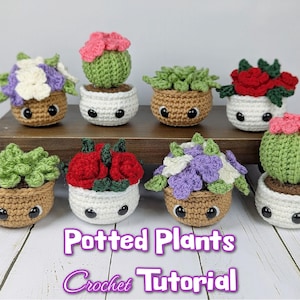 以下が含まれることがあります： 8つの異なる花や植物のタイプを持つ、手編みの鉢植えの植物のコレクション。植物はすべて、茶色のアクセントのある白い鉢に入っています。植物は木製の表面に2列に配置されています。植物の下には「Potted Plants Crochet Tutorial」というテキストが書かれています。