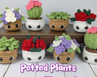 May include: A collection of eight crocheted potted plants, each with a different type of flower or plant. The plants are all in white pots with brown accents. The plants are arranged in two rows on a wooden surface. The text "Potted Plants Crochet Tutorial" is written below the plants.