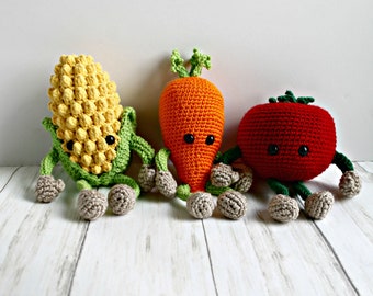 Crochet Veggie Buddies Patterns, Pattern Bundle, Amigurumi Patterns, Crochet Food Patterns, Crochet Carrot, Crochet Corn, Crochet Tomato