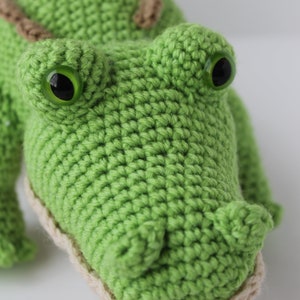 May include: Green crocheted alligator toy with brown trim and green plastic eyes.