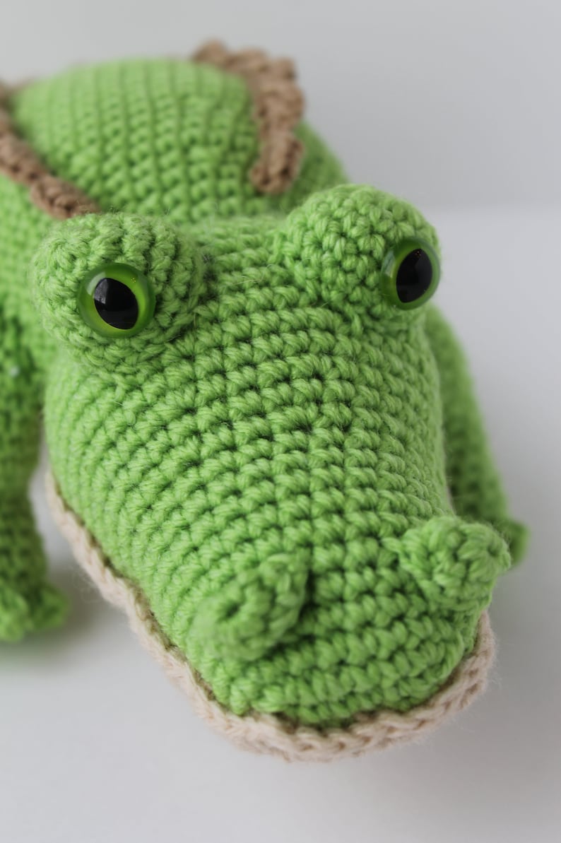 May include: Green crocheted alligator toy with brown trim and green plastic eyes.