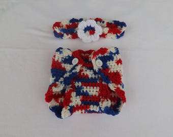 4th of July Diaper Cover and Headband, Baby's Diaper and Headband Set, Crocheted Diaper Cover and Headband, Photo Prop for July 4th