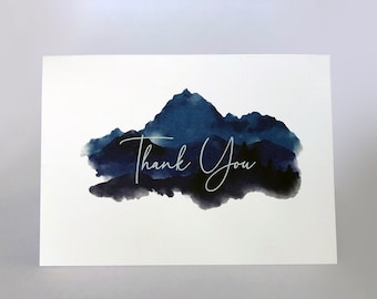 Thank You Cursive Font Blue Mountains set of 10 Cards and Envelopes, Watercolor Thank You, Blue Watercolor Thank You