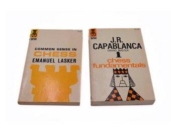 Lot of 2 vtg chess guides: Common Sense in Chess by Emanuel Lasker & Chess Fundamentals by J.R. Capablanca, 1970s paperback chess books