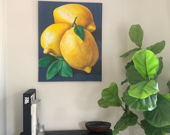 Realistic Lemon Wall Art – Original Acrylic Fruit Painting on Canvas – Kitchen Decor 24x30"