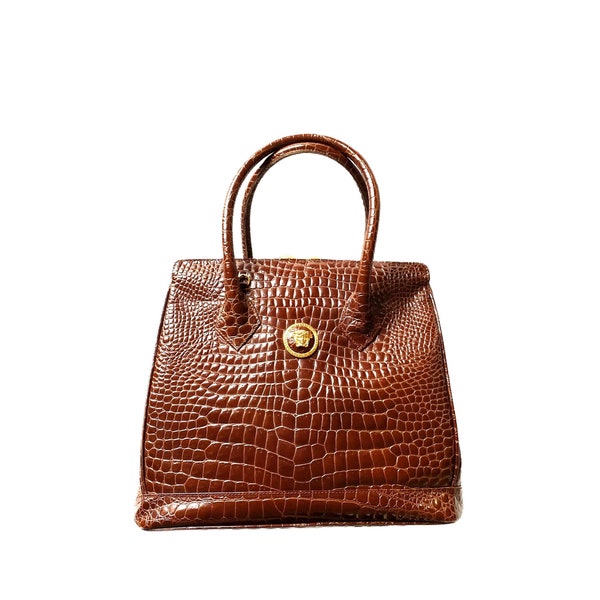 GIANNI VERSACE brown croc-embossed leather handbag gold metal Medusa heads - Vintage