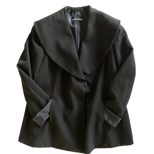 Veste en laine noire GIORGIO ARMANI col châle poignets en satin - Ce modèle 48 -blazer