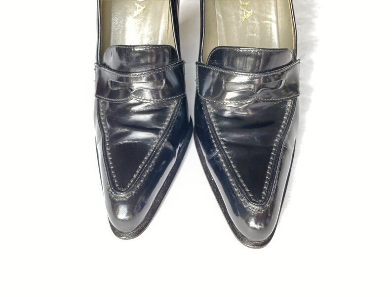 prada block heel leather loafers