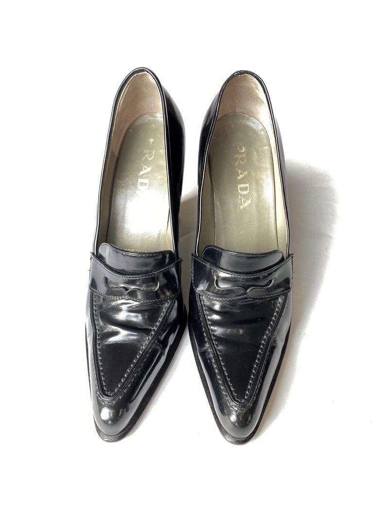 prada block heel leather loafers