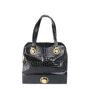 GIANNI VERSACE big black croc-embossed glossy leather handbag gold metal Medusa heads - Vintage