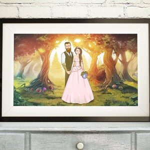May include: A framed illustration of a couple in a forest setting. The woman wears a pink dress and holds a bouquet. The man wears a vest and holds her hand. The background features trees, mushrooms, and a bright light.