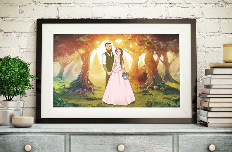 May include: A framed illustration of a couple in a forest setting. The woman wears a pink dress and holds a bouquet. The man wears a vest and holds her hand. The background features trees, mushrooms, and a bright light.
