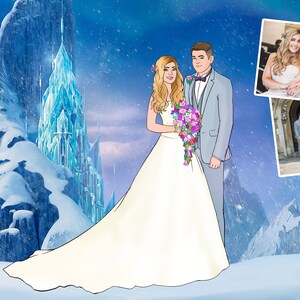 May include: Digital illustration of a couple in wedding attire, set against a snowy mountain backdrop with an ice castle. The bride holds a bouquet of purple and pink flowers. Two smaller photos of the couple in their wedding outfits are also included.