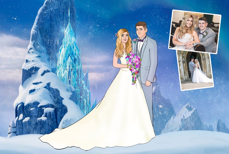 May include: Digital illustration of a couple in wedding attire, set against a snowy mountain backdrop with an ice castle. The bride holds a bouquet of purple and pink flowers. Two smaller photos of the couple in their wedding outfits are also included.