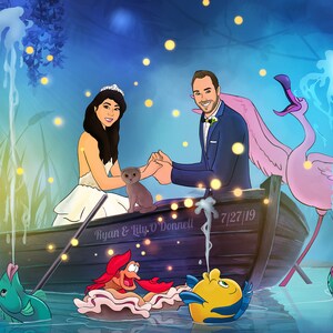 May include: An illustrated wedding scene featuring a couple in a boat, with a pink flamingo and cartoon fish. The boat has the names "Ryan & Lily O'Donnell" and the date "7/27/19". The background is a whimsical, aquatic setting.