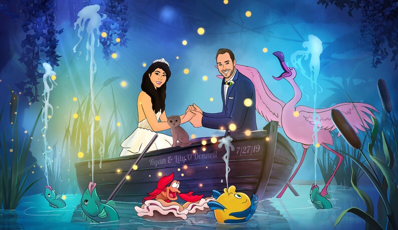 May include: An illustrated wedding scene featuring a couple in a boat, with a pink flamingo and cartoon fish. The boat has the names "Ryan & Lily O'Donnell" and the date "7/27/19". The background is a whimsical, aquatic setting.