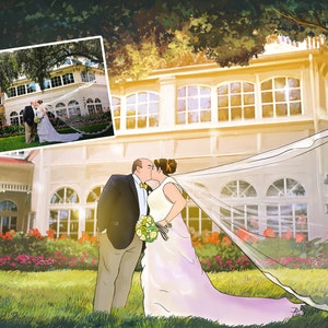 May include: An illustration of a wedding scene. A couple is kissing in front of a building with a long veil. The image is a stylized drawing with a soft, painterly effect. The scene is set outdoors with a green lawn and red flowers.