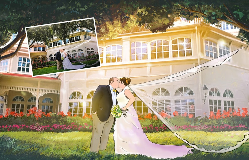 May include: An illustration of a wedding scene. A couple is kissing in front of a building with a long veil. The image is a stylized drawing with a soft, painterly effect. The scene is set outdoors with a green lawn and red flowers.