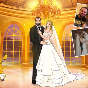 May include: Digital illustration of a couple in wedding attire, set in a golden ballroom with a chandelier. The bride wears a white off-the-shoulder gown and veil. Two smaller photos of the couple are included. Animated characters from Beauty and the Beast are in the foreground.