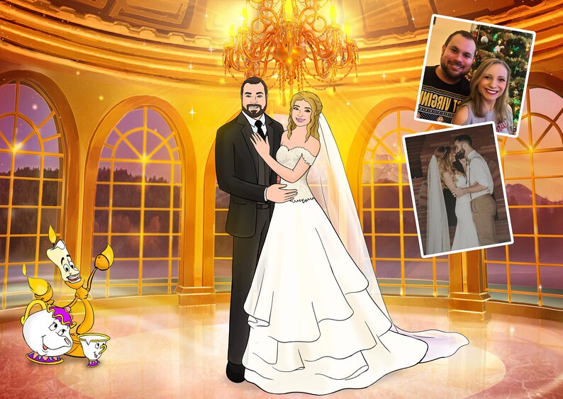 May include: Digital illustration of a couple in wedding attire, set in a golden ballroom with a chandelier. The bride wears a white off-the-shoulder gown and veil. Two smaller photos of the couple are included. Animated characters from Beauty and the Beast are in the foreground.