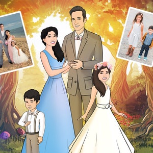 May include: An illustrated family portrait featuring a couple, two children, and two framed photos. The couple is dressed in formal attire, with the woman in a blue gown and the man in a suit. The children are in formal wear. The background is a stylized forest scene.
