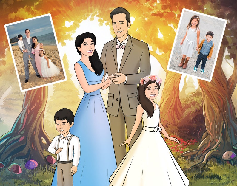 May include: An illustrated family portrait featuring a couple, two children, and two framed photos. The couple is dressed in formal attire, with the woman in a blue gown and the man in a suit. The children are in formal wear. The background is a stylized forest scene.