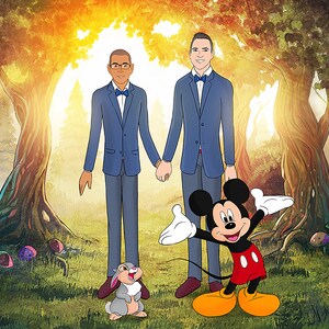 May include: An illustration of two men in blue suits holding hands, with Mickey Mouse and a rabbit in a forest setting. The background features trees and sunlight, creating a whimsical and celebratory scene.