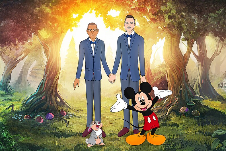 May include: An illustration of two men in blue suits holding hands, with Mickey Mouse and a rabbit in a forest setting. The background features trees and sunlight, creating a whimsical and celebratory scene.