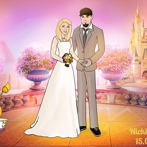 May include: Digital illustration of a wedding scene with a couple holding hands, standing in front of a castle. The bride wears a white gown and holds a bouquet. The groom wears a suit. The text "Nicki and Felix 15.06.2007" is at the bottom.