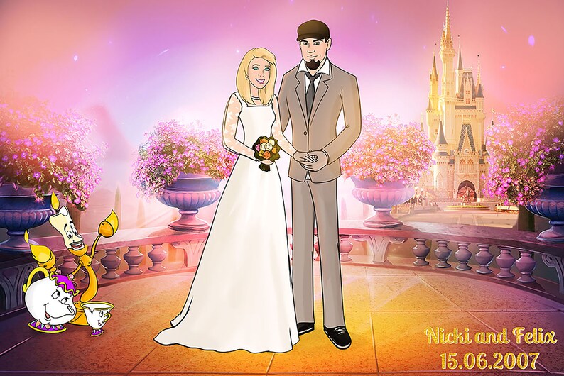 May include: Digital illustration of a wedding scene with a couple holding hands, standing in front of a castle. The bride wears a white gown and holds a bouquet. The groom wears a suit. The text "Nicki and Felix 15.06.2007" is at the bottom.