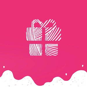 Puede incluir: Ilustración de una caja de regalo blanca con detalles a rayas sobre un fondo rosa vibrante. El diseño presenta un regalo estilizado con un lazo, sobre un fondo degradado con formas blancas abstractas en la parte inferior.