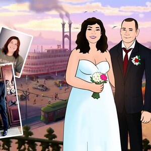 May include: A digital illustration of a wedding couple in front of a cityscape. The bride wears a strapless white gown and holds a bouquet. The groom is in a black suit with a red tie. Two framed photos are in the upper left corner.