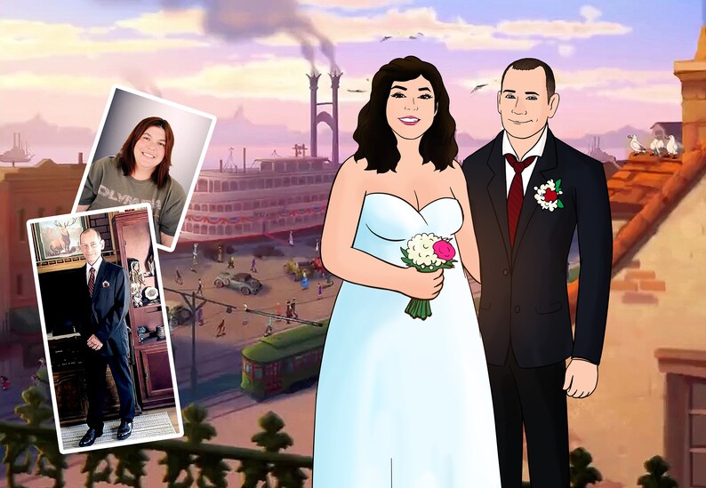 May include: A digital illustration of a wedding couple in front of a cityscape. The bride wears a strapless white gown and holds a bouquet. The groom is in a black suit with a red tie. Two framed photos are in the upper left corner.