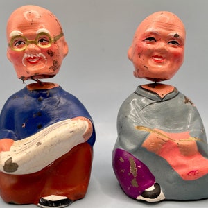 Vintage Asian Old People Wuxi Clay Bobbleheads