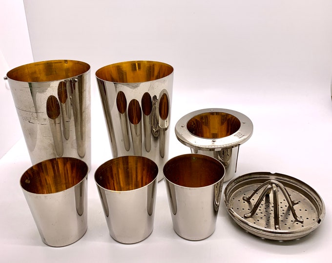 Vintage DRGM Travel Cocktail Shaker Shot Glass Set Seven Piece Barware