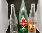 Vintage Glass Soda Bottles Painted Labels Embossed Labels Royal Crown Hires Root Beer Pepsi Cola