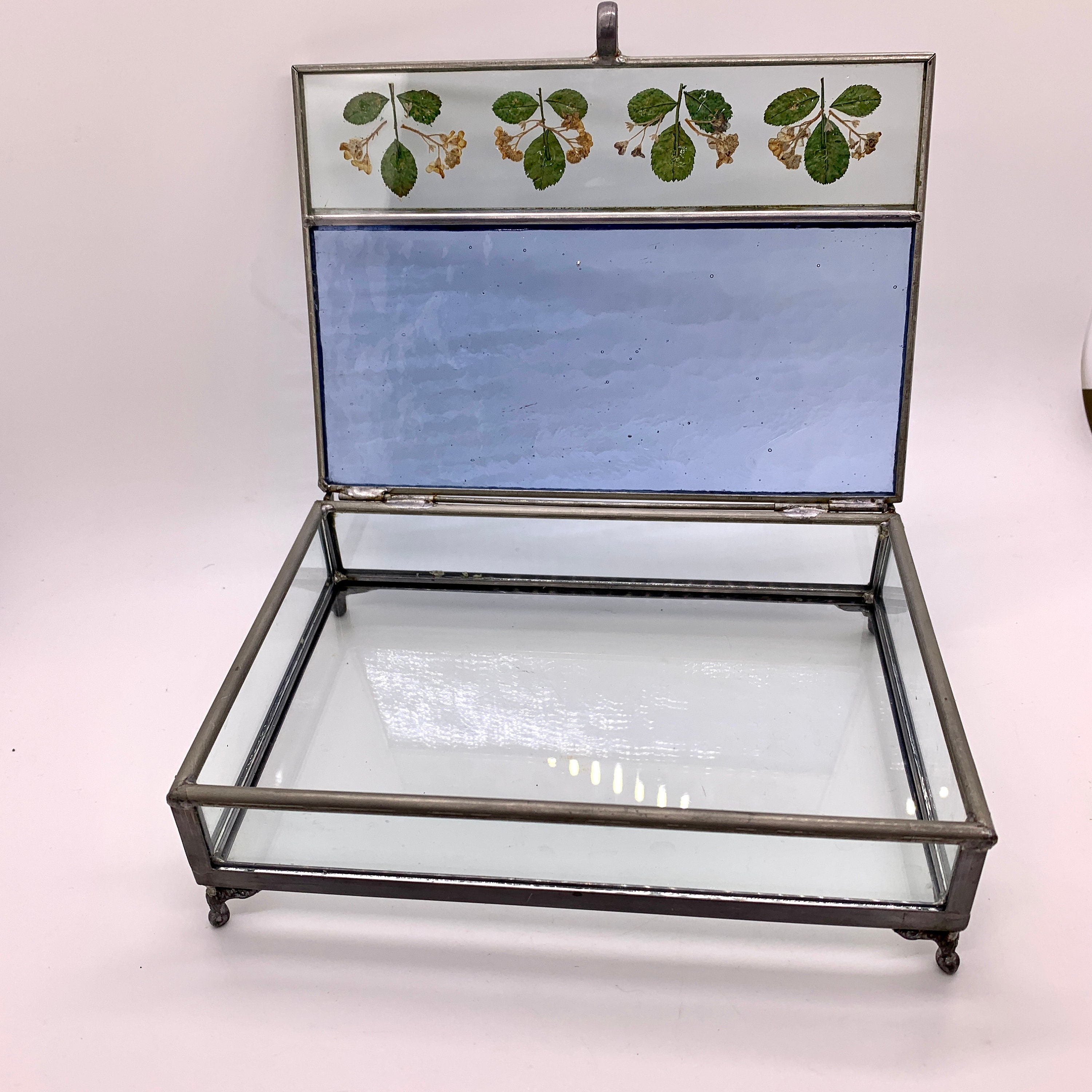 Vintage Stained Glass Dresser Box Pressed Flowers Leaded Glass Etsy