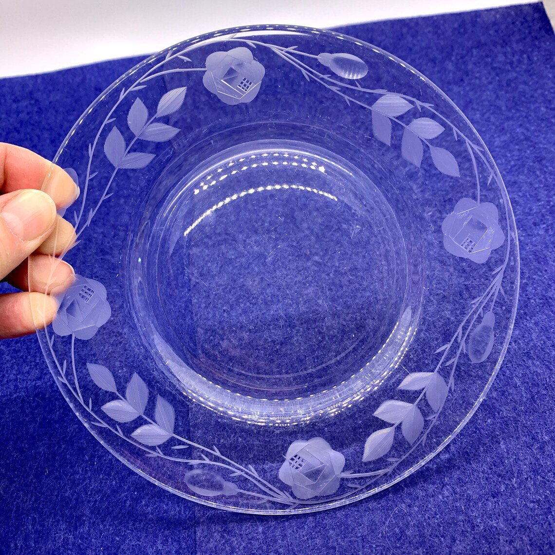 Vintage Etched Glass Dessert Plates Cabbage Rose Clear Cut Etsy