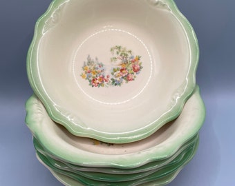 Vintage Homer Laughlin Virginia Rose Berry Bowls, 6 Green Rim Pastoral Scene Dessert Bowls