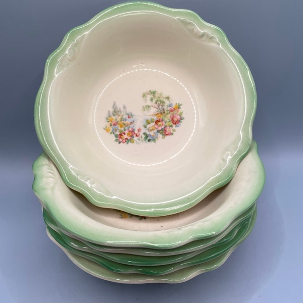 Vintage Homer Laughlin Virginia Rose Berry Bowls, 6 Green Rim Pastoral Scene Dessert Bowls