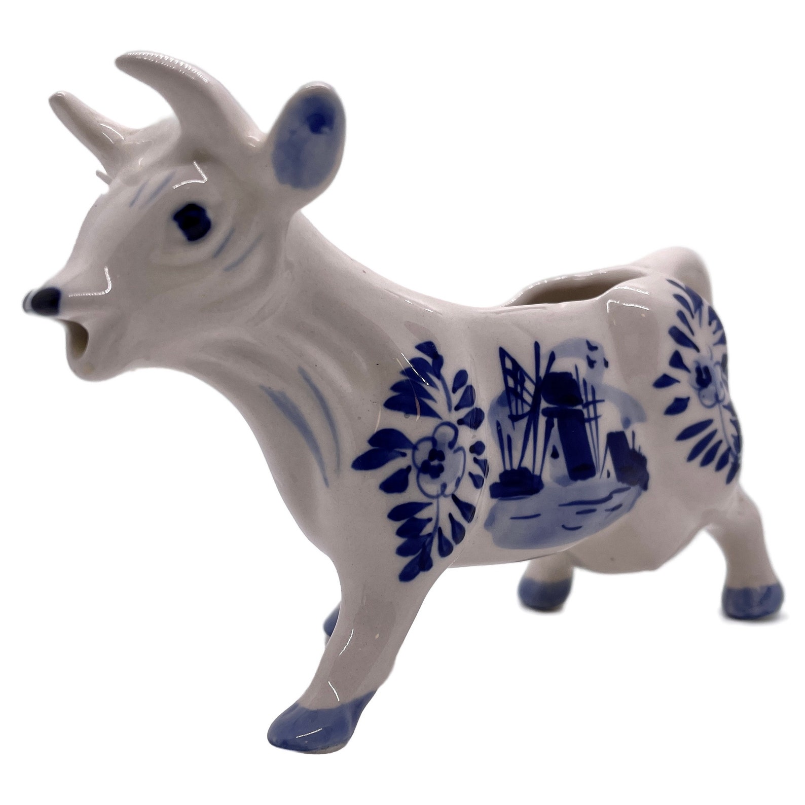 Vintage Delfts Blue Cow Creamer Windmill Flower Pattern Cow Etsy