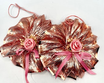 Vintage Pink Tinsel and Flower Ornaments or Gift Wrap Accents