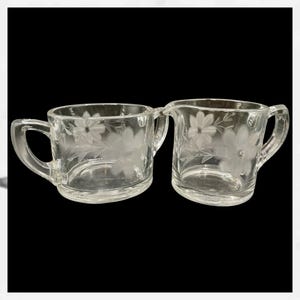 Floral Cut and Etched Glass Cream and Sugar Set
