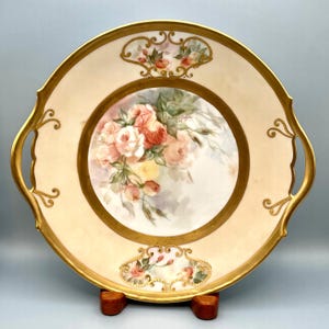 Antike T & V Limoges Teller mit Griff: Vergoldeter Goldblumenteller, 1913