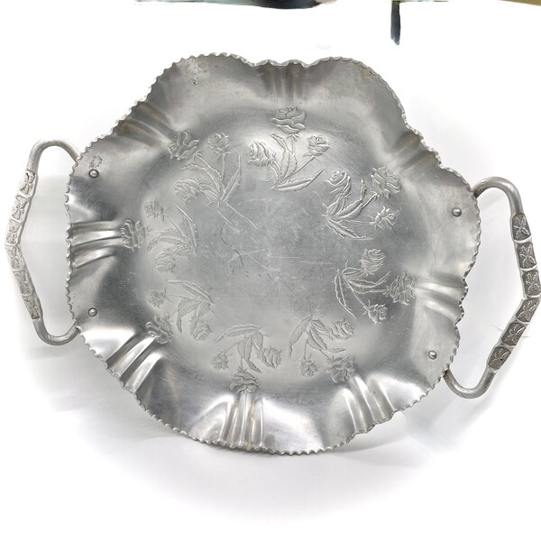 Vintage Large Aluminum Handled Tray, Embossed Rose Pattern Decorative Tray