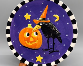 2003 Mary Engelbreit Enesco Crow and Jack-O-Lantern Plate , Vintage Ceramic Halloween Decorative Plate