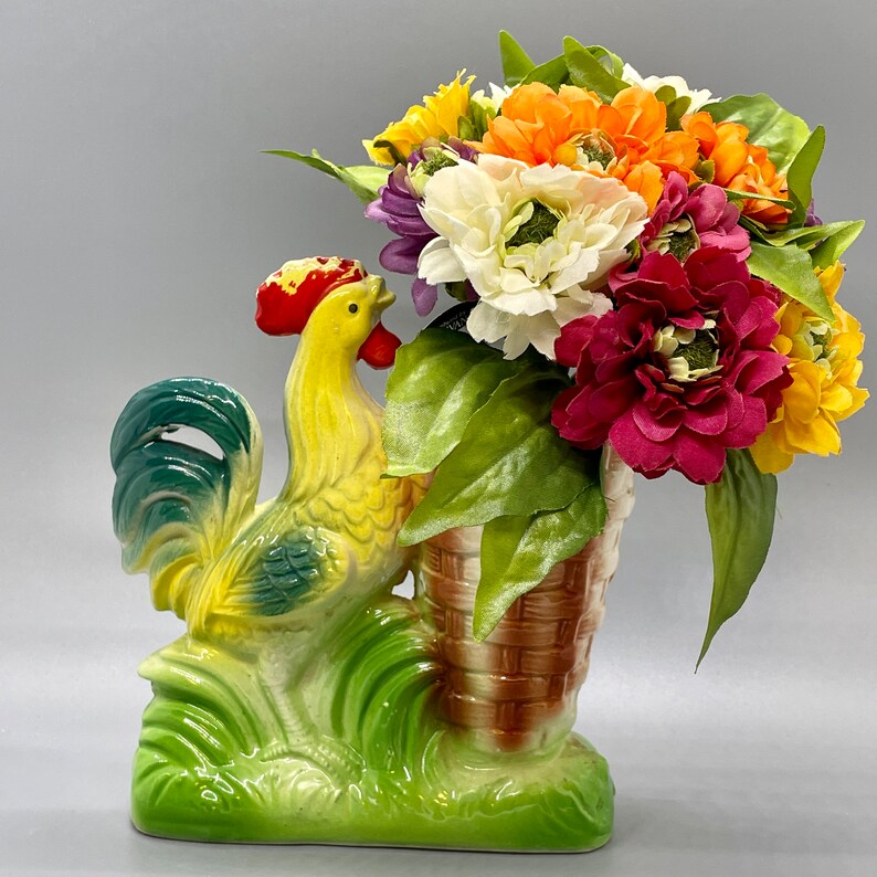 Vintage Ceramic Rooster Floral Vase Country Matchstick Etsy