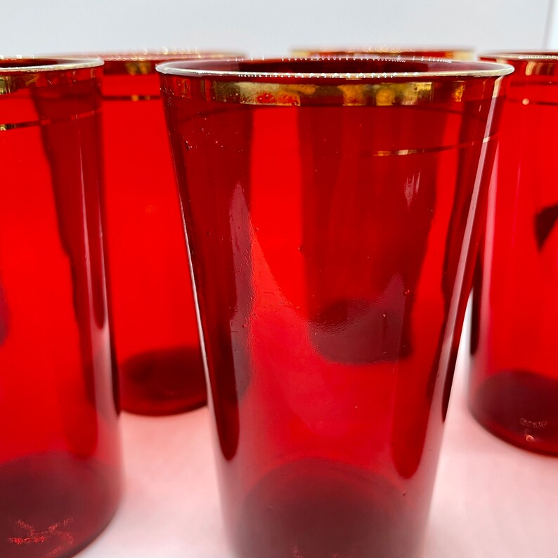 Vintage Ruby Red Drinking Glasses Double Gold Band Etsy